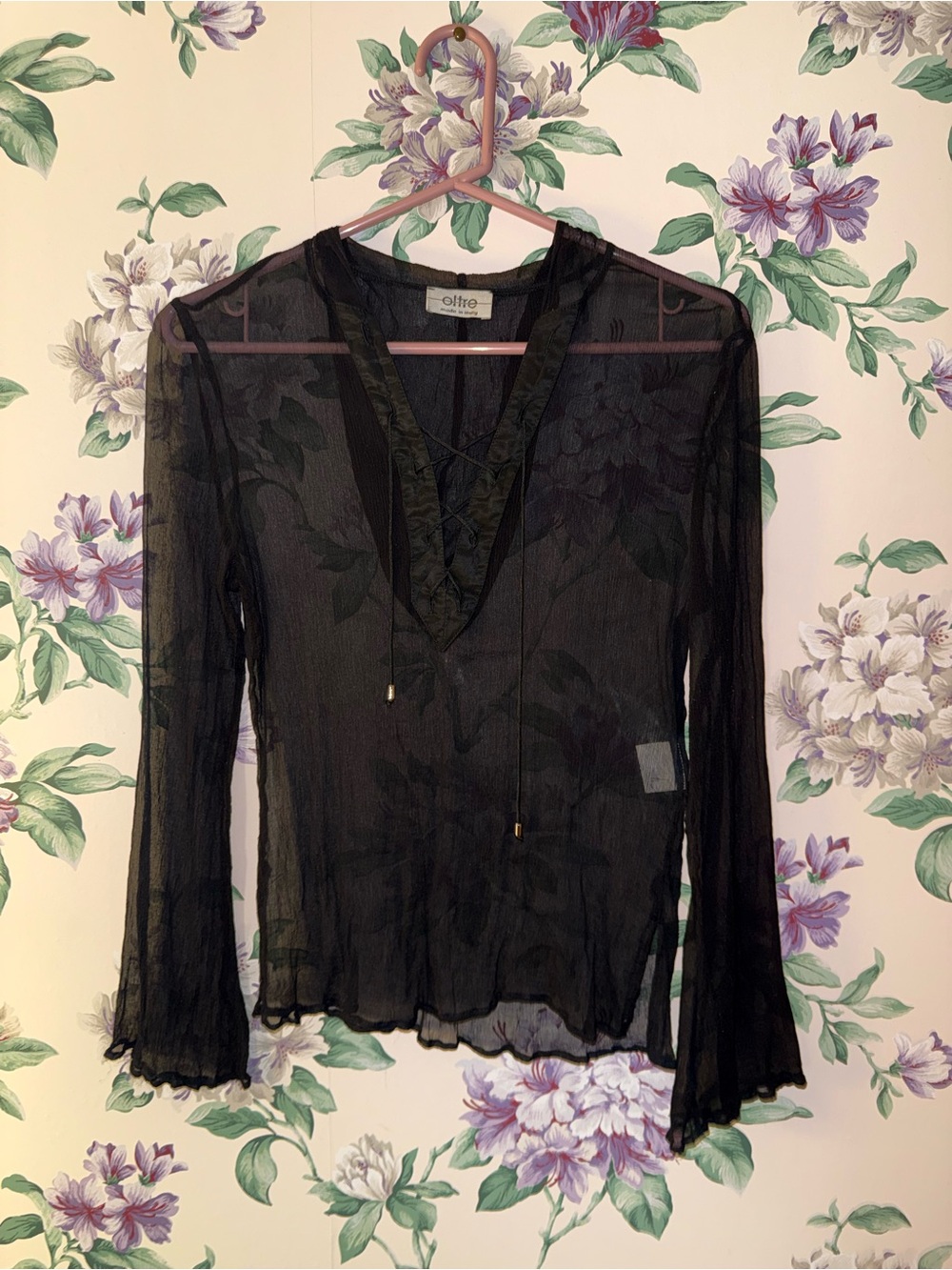 Black Sheer Long-Sleeve Lace-Up Top